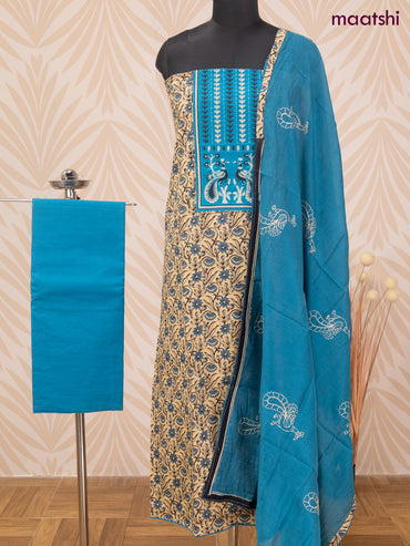 Cotton dress material sandal and cs blue with allover floral prints & patch work neck pattern and bottom & dupatta