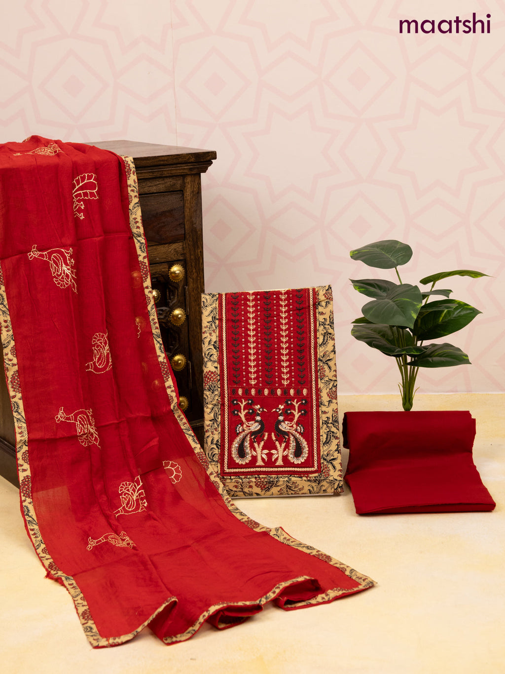 Cotton dress material sandal and red with allover prints & patch work neck pattern and bottom & dupatta