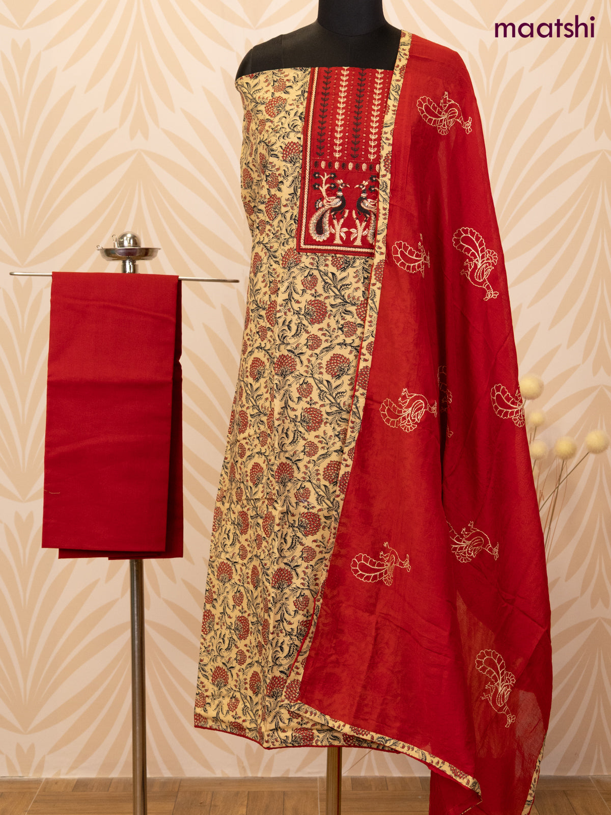 Cotton dress material sandal and red with allover prints & patch work neck pattern and bottom & dupatta