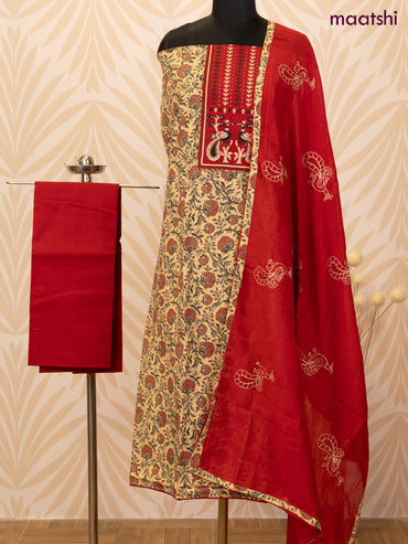 Cotton dress material sandal and red with allover prints & patch work neck pattern and bottom & dupatta