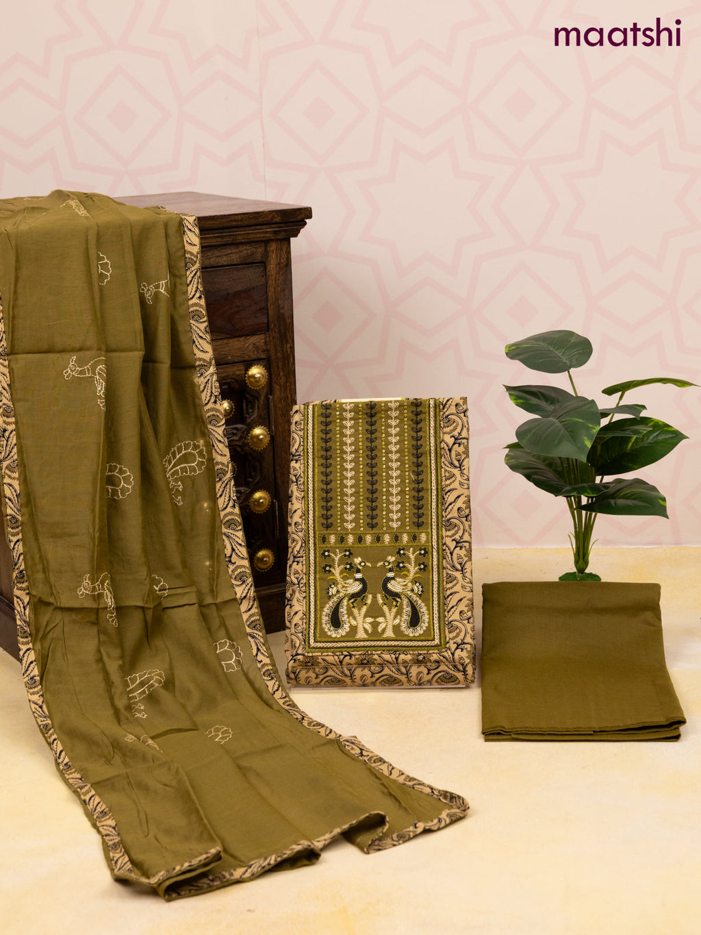 Cotton dress material sandal and mehendi green with allover prints & patch work neck pattern and bottom & dupatta