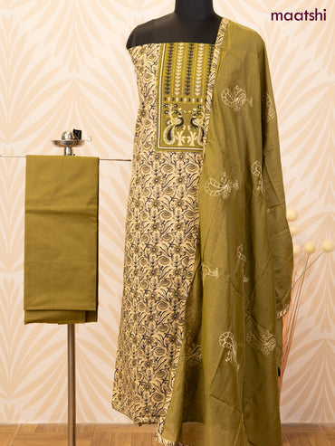 Cotton dress material sandal and mehendi green with allover prints & patch work neck pattern and bottom & dupatta