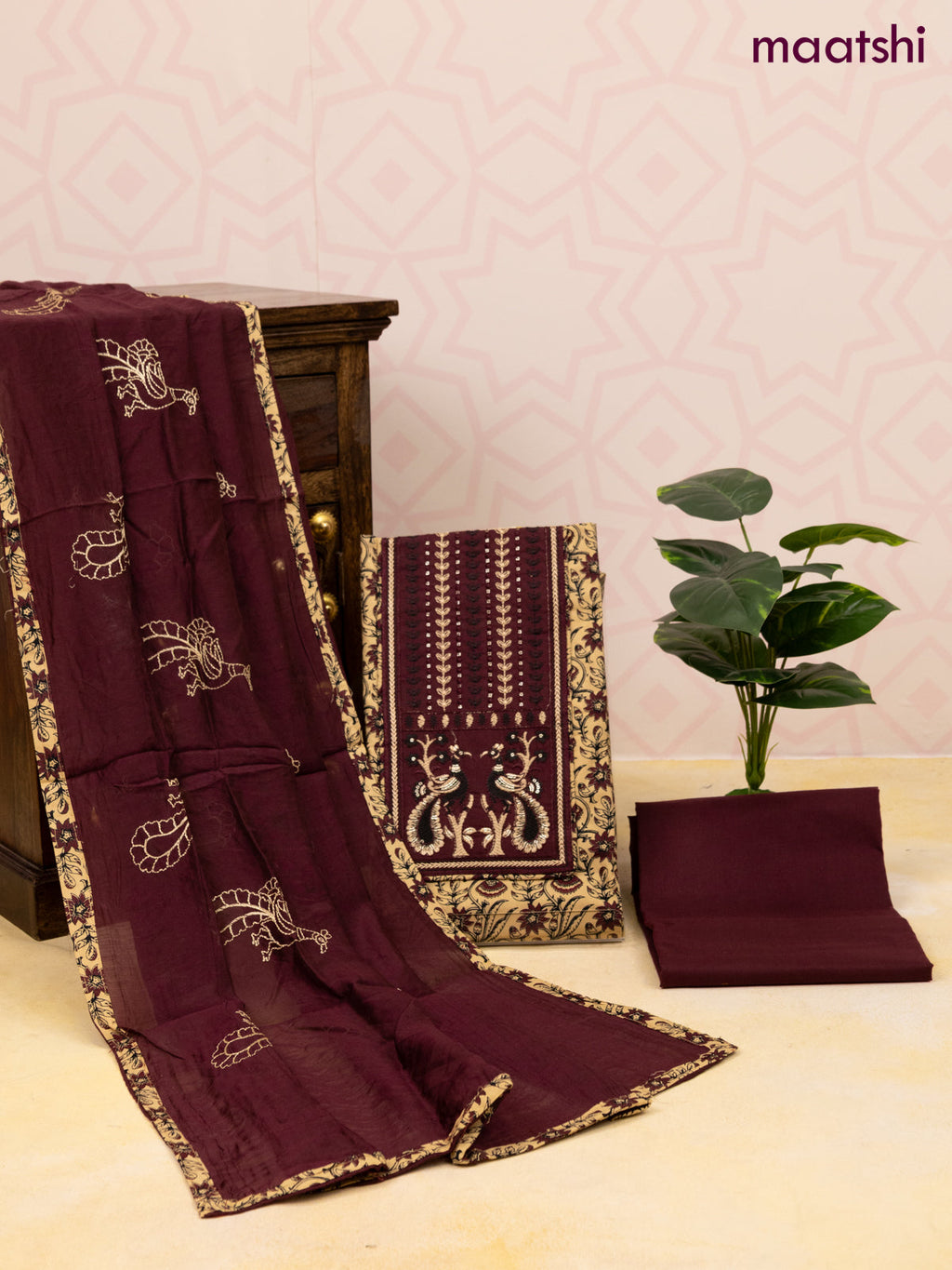 Cotton dress material sandal and deep maroon with allover prints & patch work neck pattern and bottom & dupatta