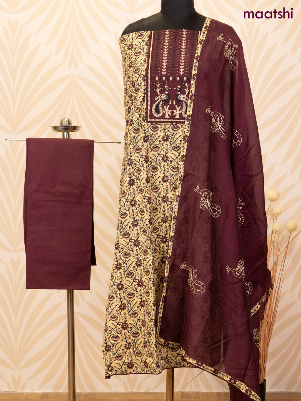 Cotton dress material sandal and deep maroon with allover prints & patch work neck pattern and bottom & dupatta