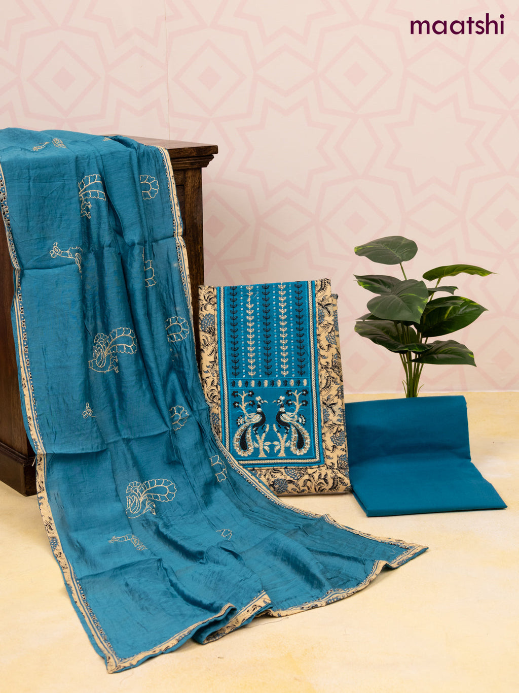 Cotton dress material sandal and cs blue with allover prints & patch work neck pattern and bottom & dupatta