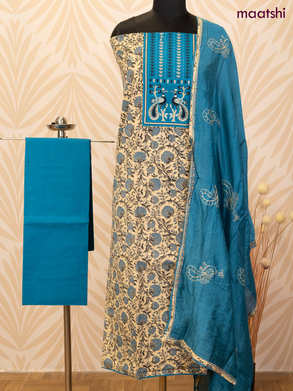 Cotton dress material sandal and cs blue with allover prints & patch work neck pattern and bottom & dupatta