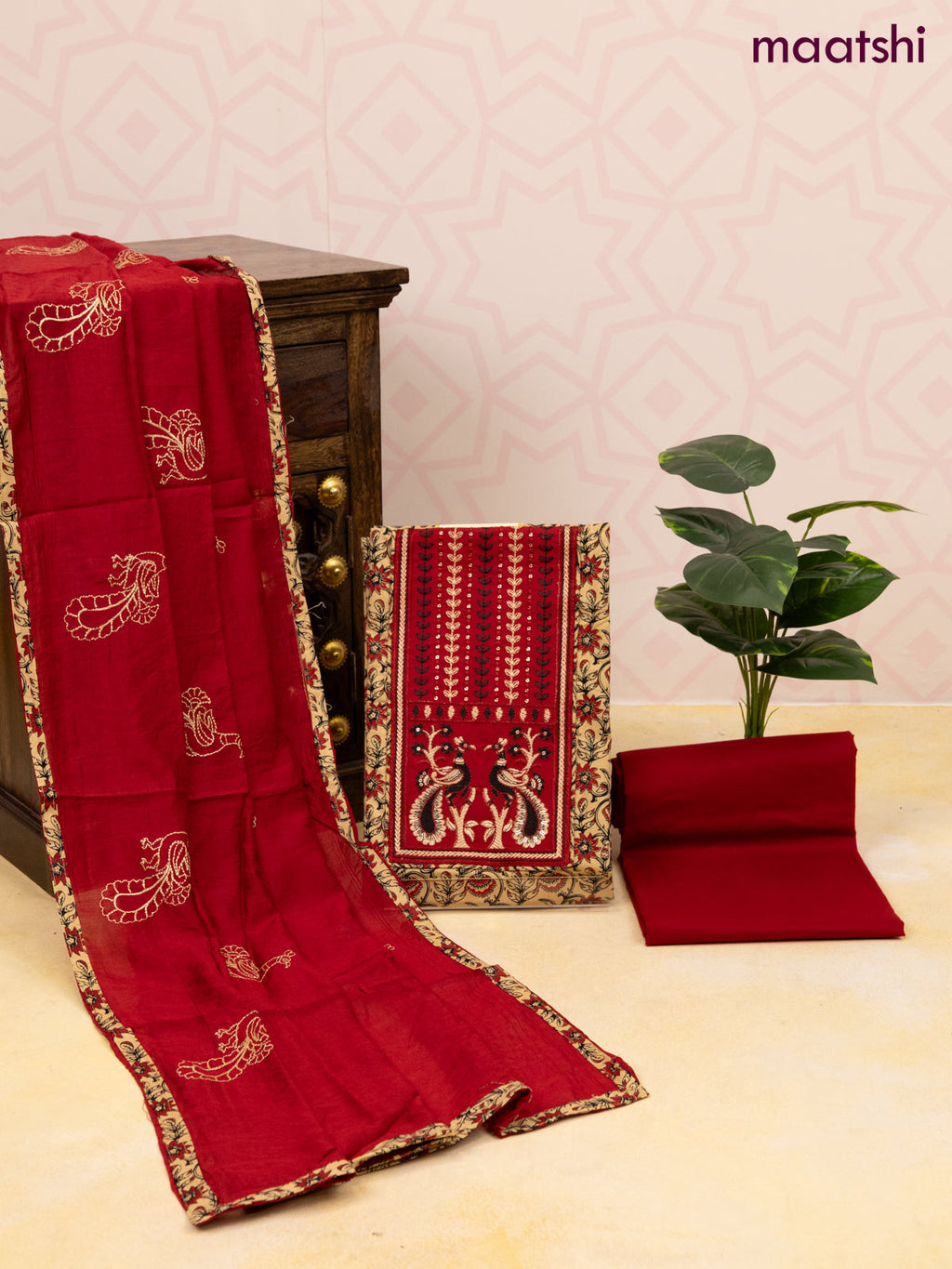 Cotton dress material sandal and red with allover floral prints & patch work neck pattern and bottom & dupatta