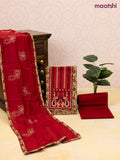 Cotton dress material sandal and red with allover floral prints & patch work neck pattern and bottom & dupatta