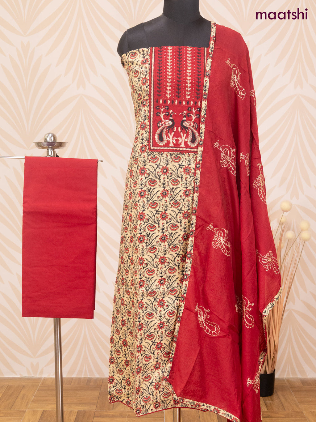 Cotton dress material sandal and red with allover floral prints & patch work neck pattern and bottom & dupatta