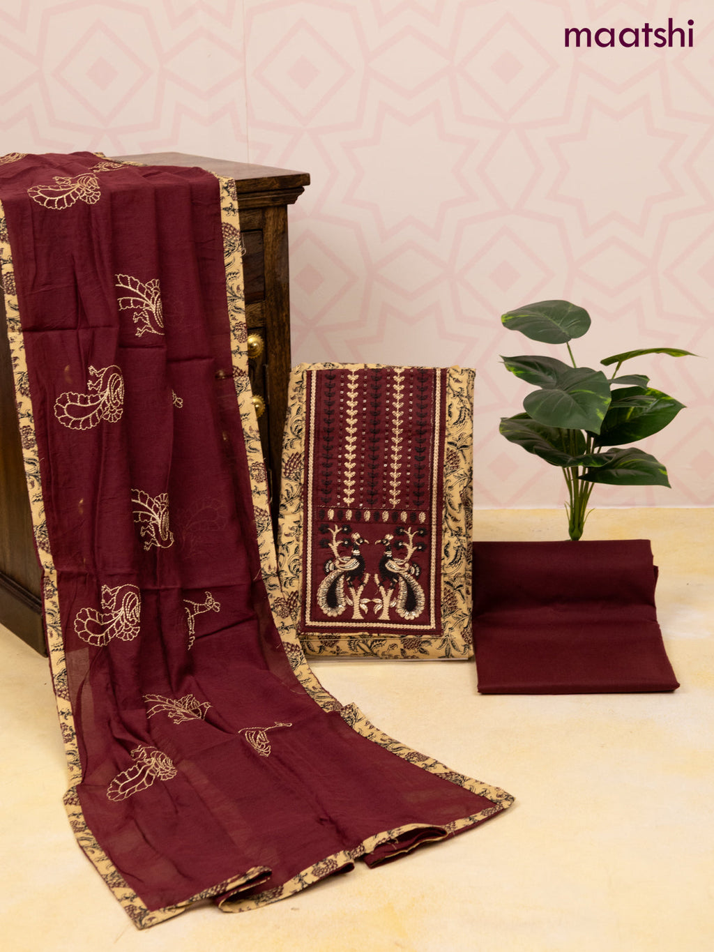 Cotton dress material sandal and deep maroon with allover prints & patch work neck pattern and bottom & dupatta