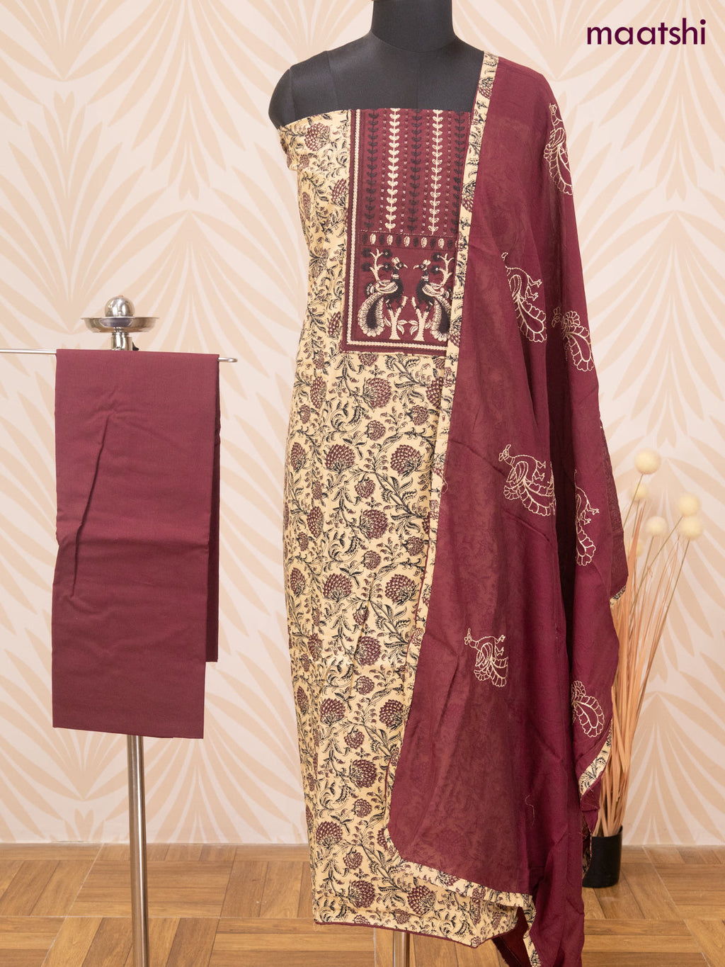 Cotton dress material sandal and deep maroon with allover prints & patch work neck pattern and bottom & dupatta