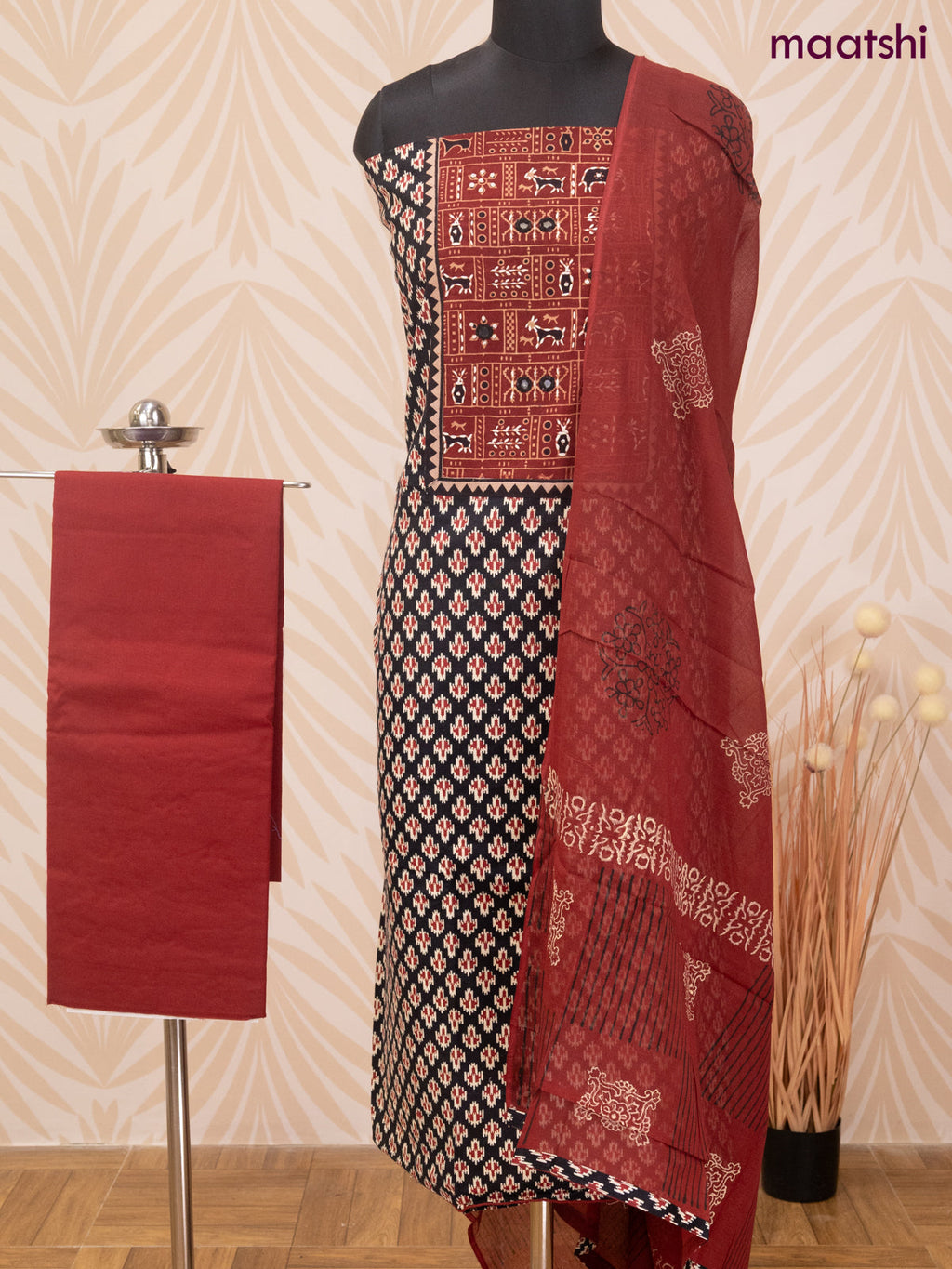 Cotton dress material black and maroon with allover ikat butta prints & patch work neck pattern and bottom & dupatta