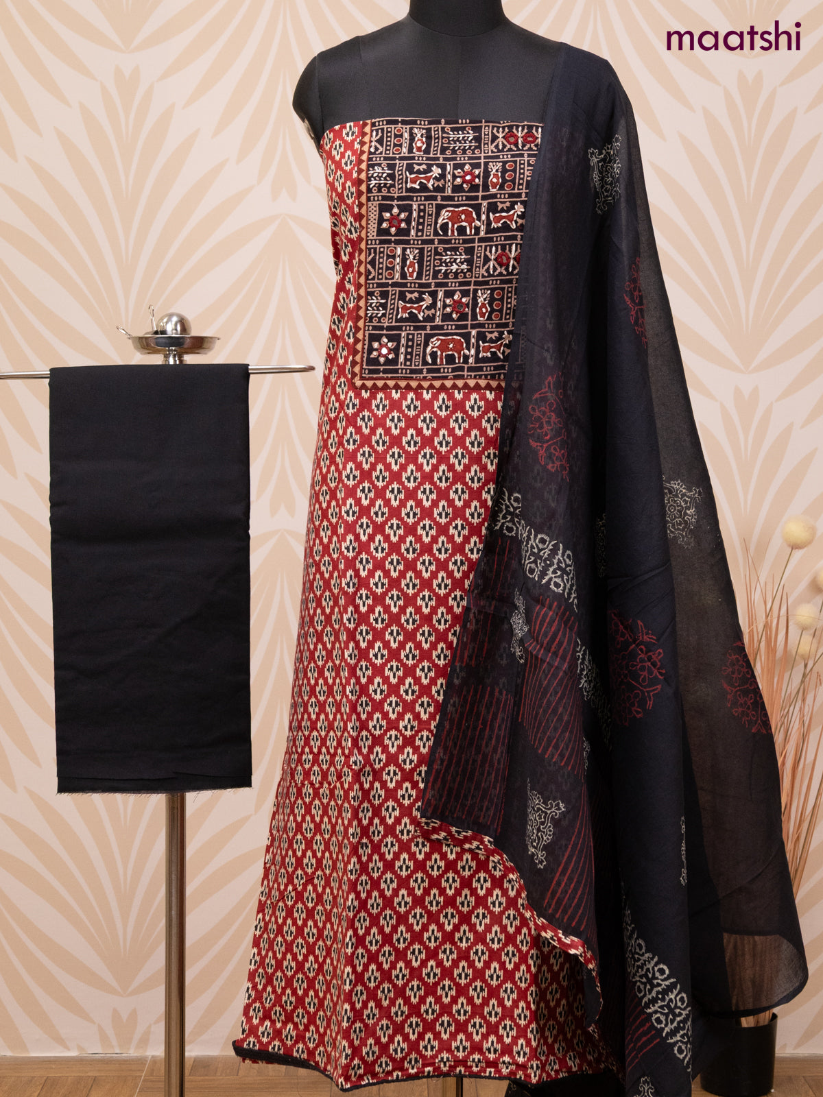 Cotton dress material maroon and black with allover ikat butta prints & patch work neck pattern and bottom & dupatta