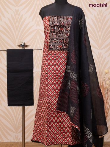 Cotton dress material maroon and black with allover ikat butta prints & patch work neck pattern and bottom & dupatta