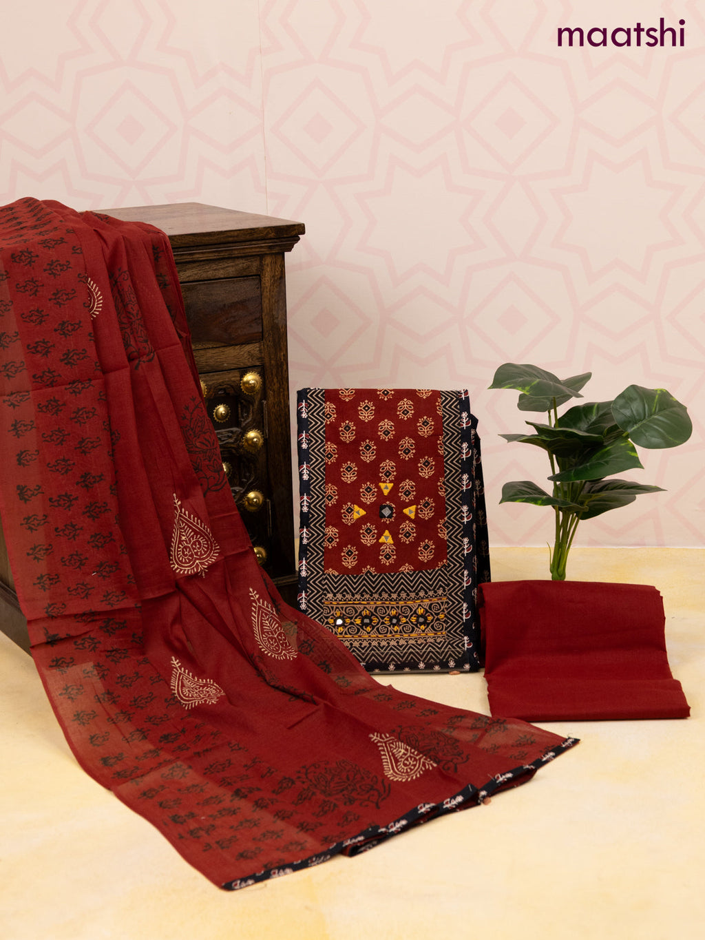 Cotton dress material black and maroon with allover butta prints & patch work neck pattern and bottom & dupatta