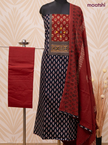 Cotton dress material black and maroon with allover butta prints & patch work neck pattern and bottom & dupatta