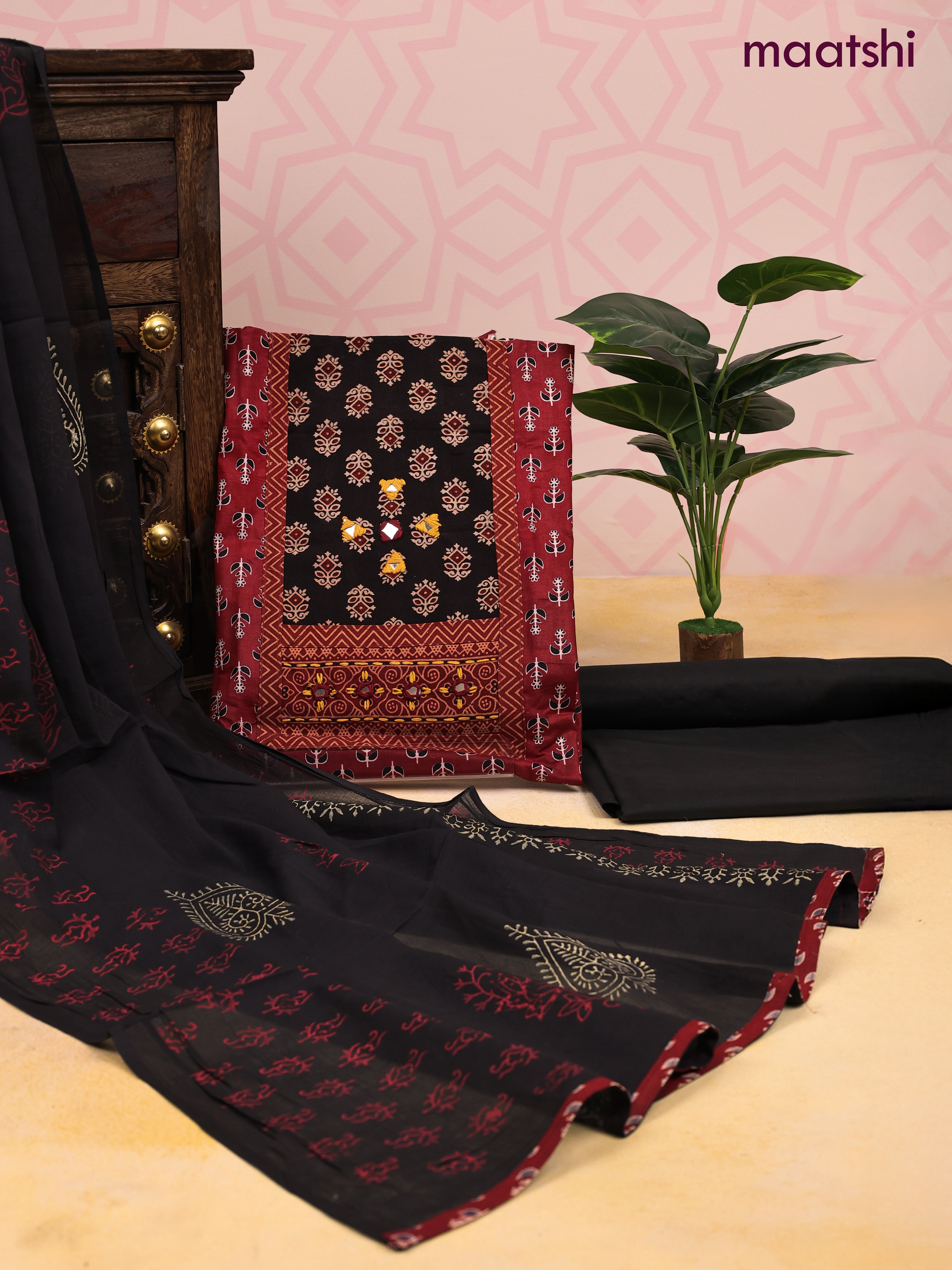 Cotton dress material maroon and black with allover butta prints & patch work neck pattern and bottom & dupatta