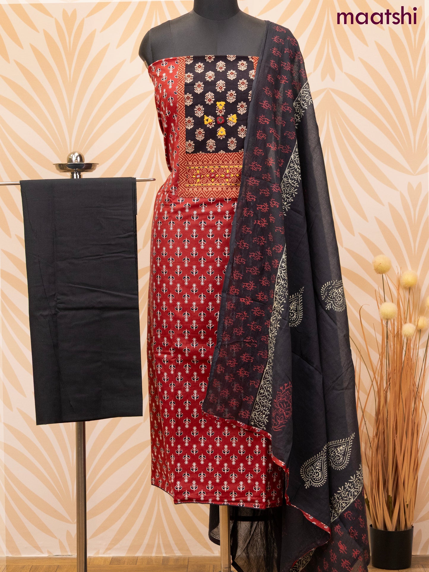 Cotton dress material maroon and black with allover butta prints & patch work neck pattern and bottom & dupatta