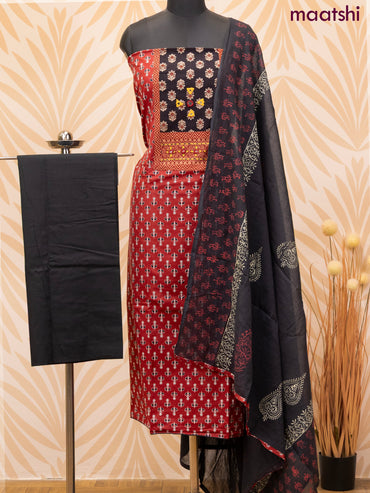 Cotton dress material maroon and black with allover butta prints & patch work neck pattern and bottom & dupatta