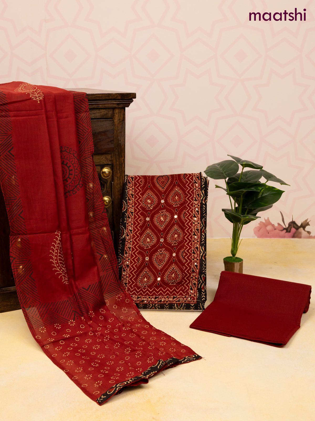 Cotton dress material black and maroon with allover prints & patch work neck pattern and bottom & dupatta