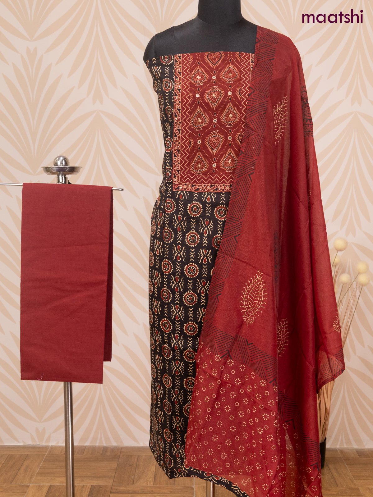 Cotton dress material black and maroon with allover prints & patch work neck pattern and bottom & dupatta