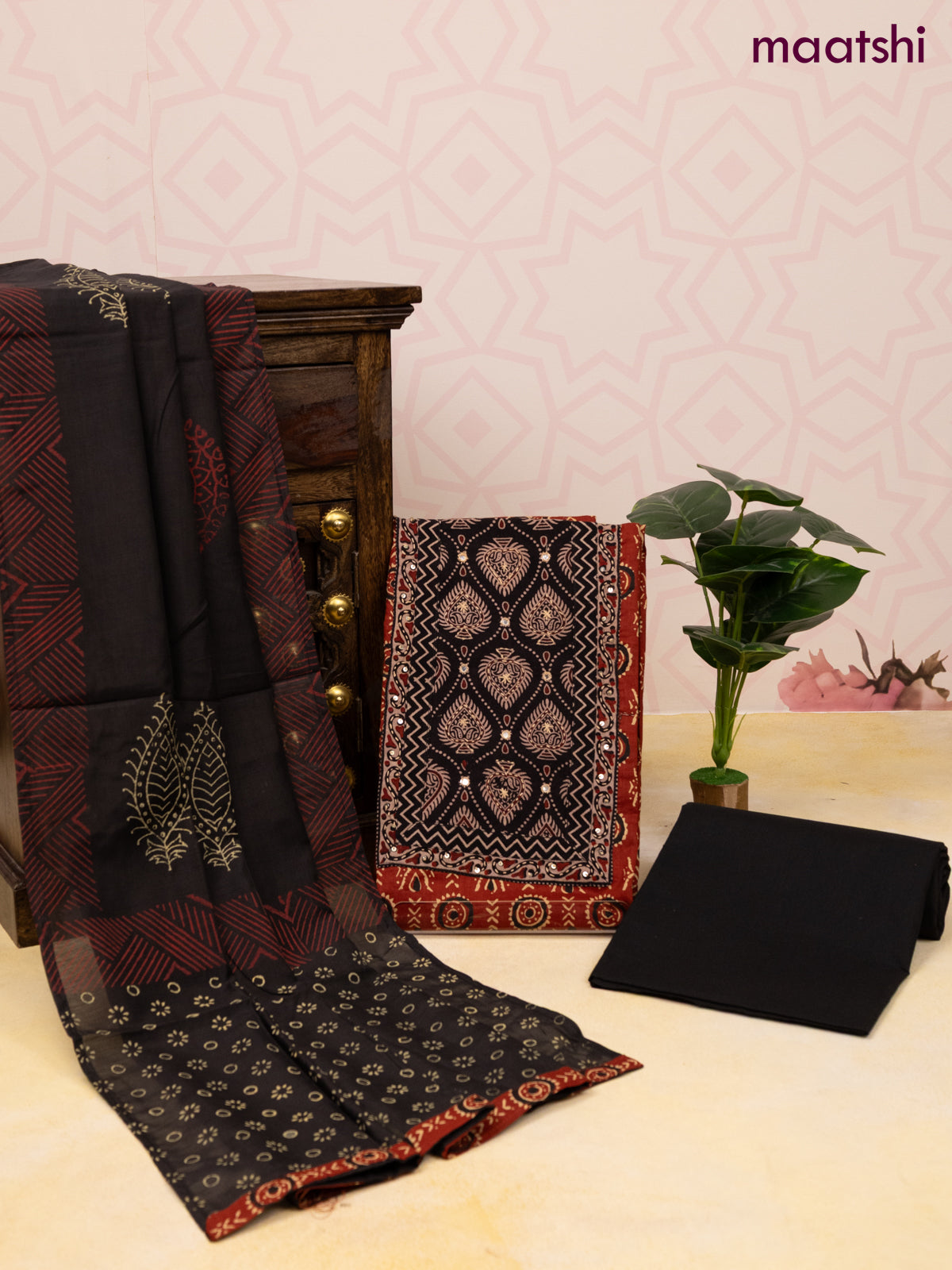 Cotton dress material maroon and black with allover prints & patch work neck pattern and bottom & dupatta