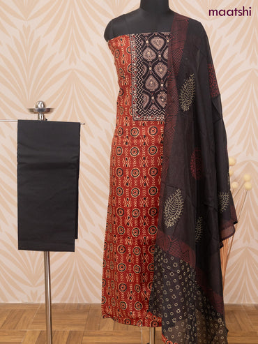 Cotton dress material maroon and black with allover prints & patch work neck pattern and bottom & dupatta