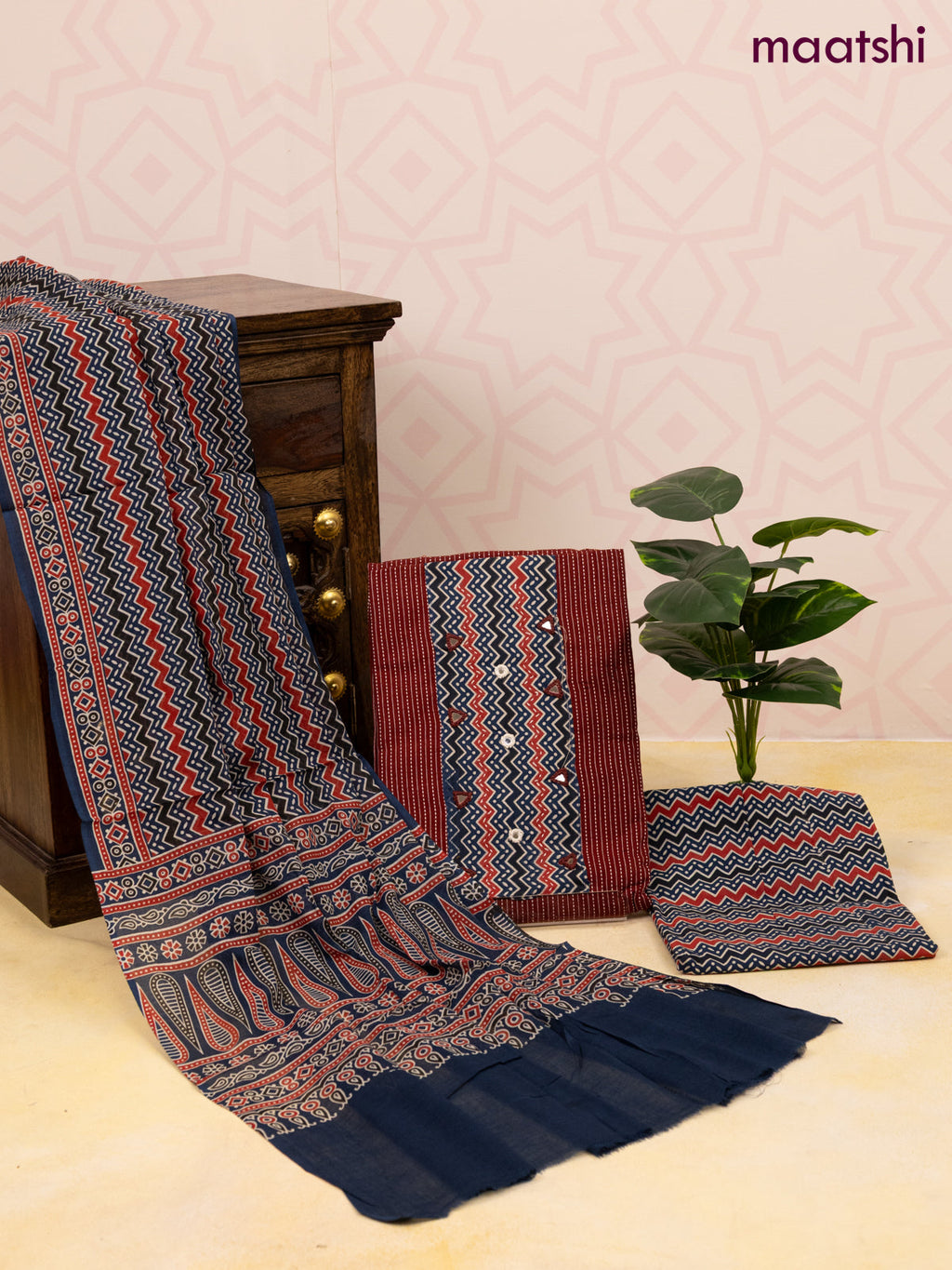 Cotton dress material maroon and peacock blue with allover thread weaves & patch work neck pattern and bottom & dupatta