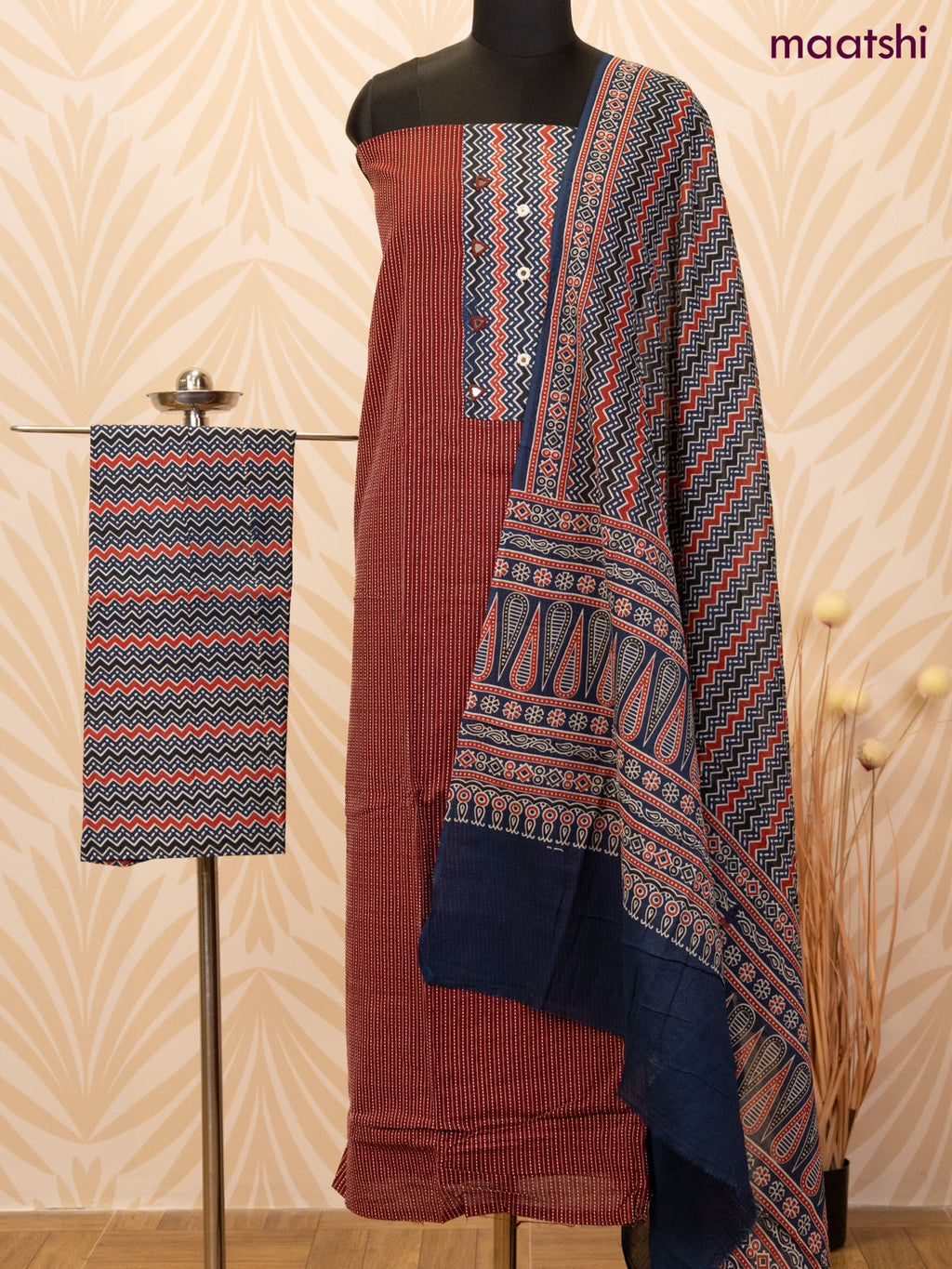 Cotton dress material maroon and peacock blue with allover thread weaves & patch work neck pattern and bottom & dupatta