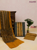 Cotton dress material dark green and mustard yellow with allover thread weaves & patch work neck pattern and bottom & dupatta