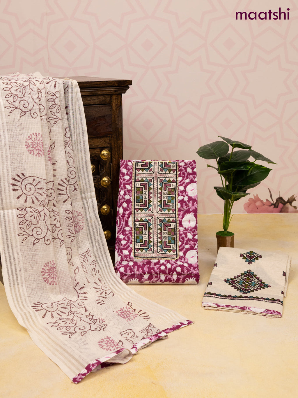 Cotton dress material purple and off white with allover prints & patch work neck pattern and bottom & dupatta