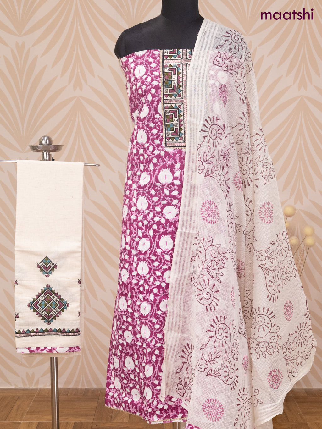 Cotton dress material purple and off white with allover prints & patch work neck pattern and bottom & dupatta