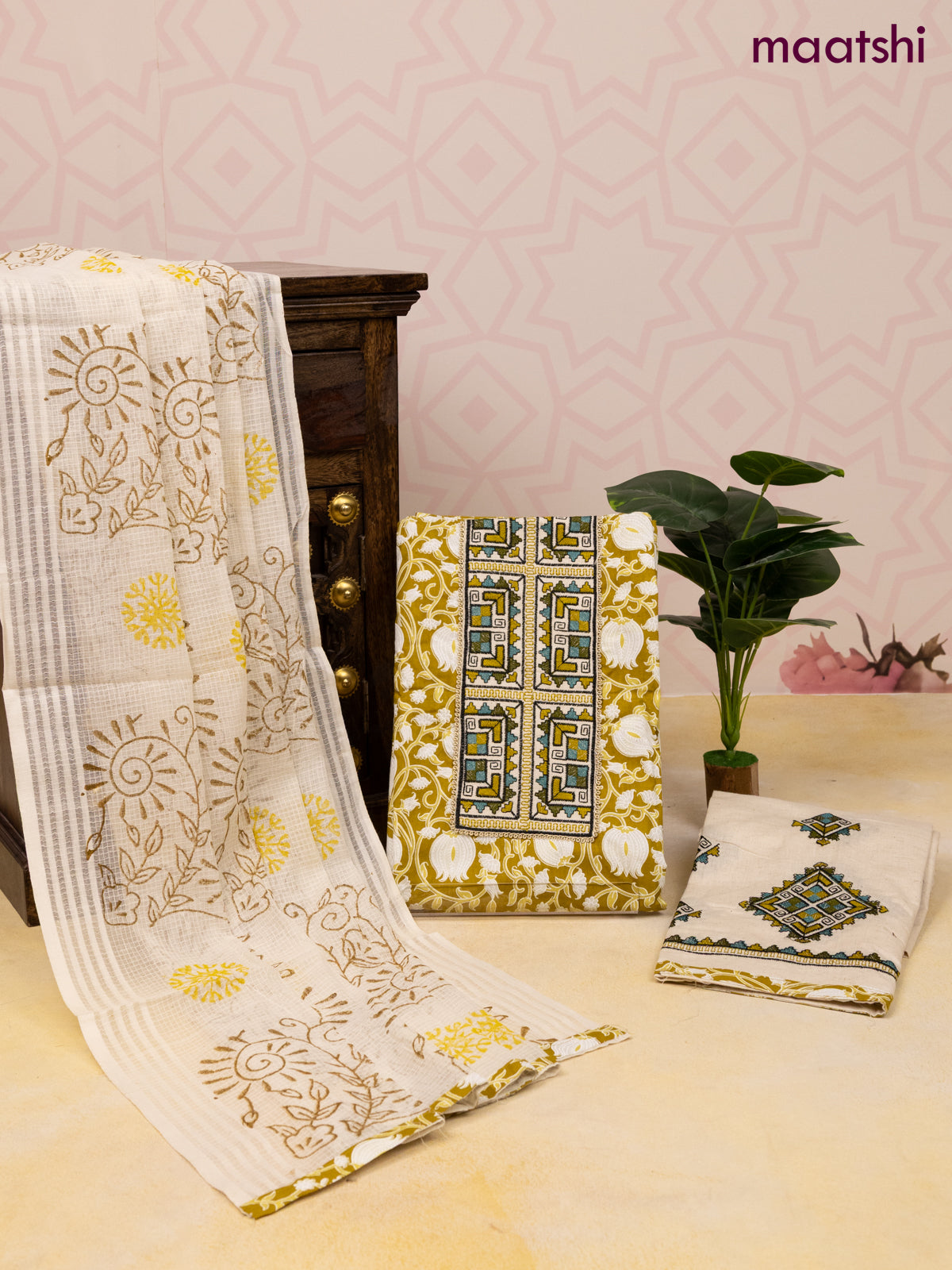 Cotton dress material lime green and off white with allover prints & patch work neck pattern and bottom & dupatta