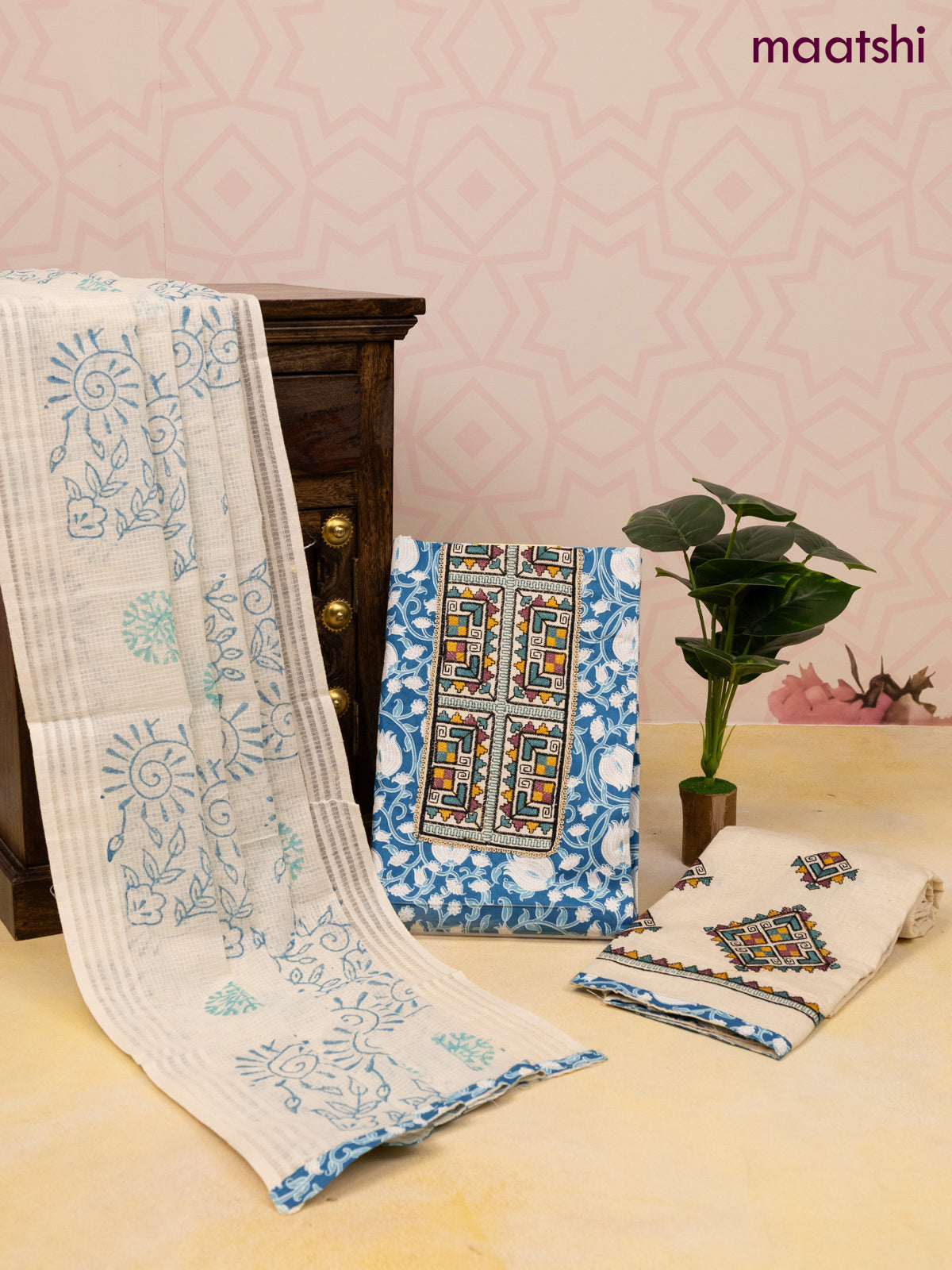 Cotton dress material blue and off white with allover prints & patch work neck pattern and bottom & dupatta