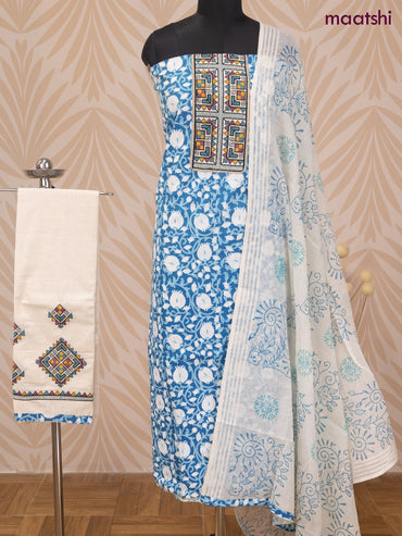 Cotton dress material blue and off white with allover prints & patch work neck pattern and bottom & dupatta