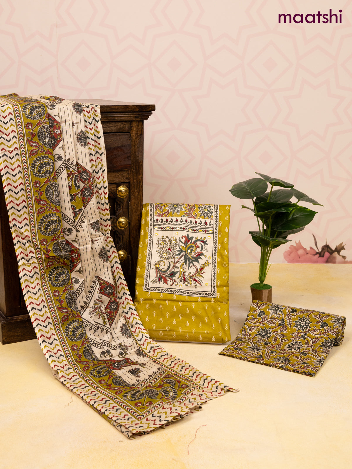 Cotton dress material lime green and cream with allover butta prints & patch work neck pattern and bottom & dupatta