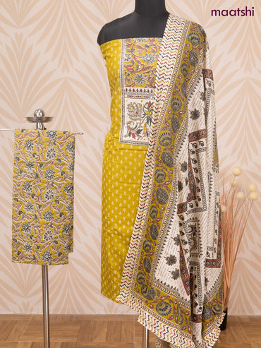 Cotton dress material lime green and cream with allover butta prints & patch work neck pattern and bottom & dupatta