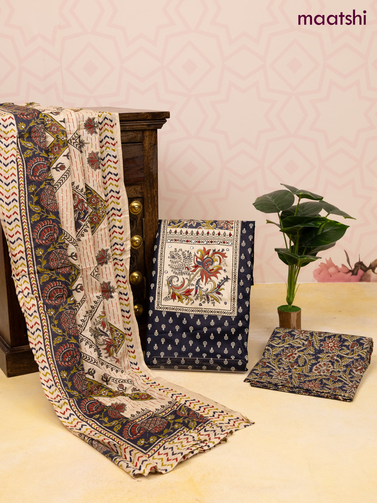 Cotton dress material navy blue and cream with allover butta prints & patch work neck pattern and bottom & dupatta