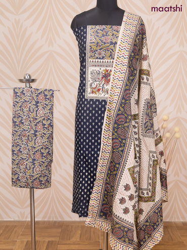 Cotton dress material navy blue and cream with allover butta prints & patch work neck pattern and bottom & dupatta