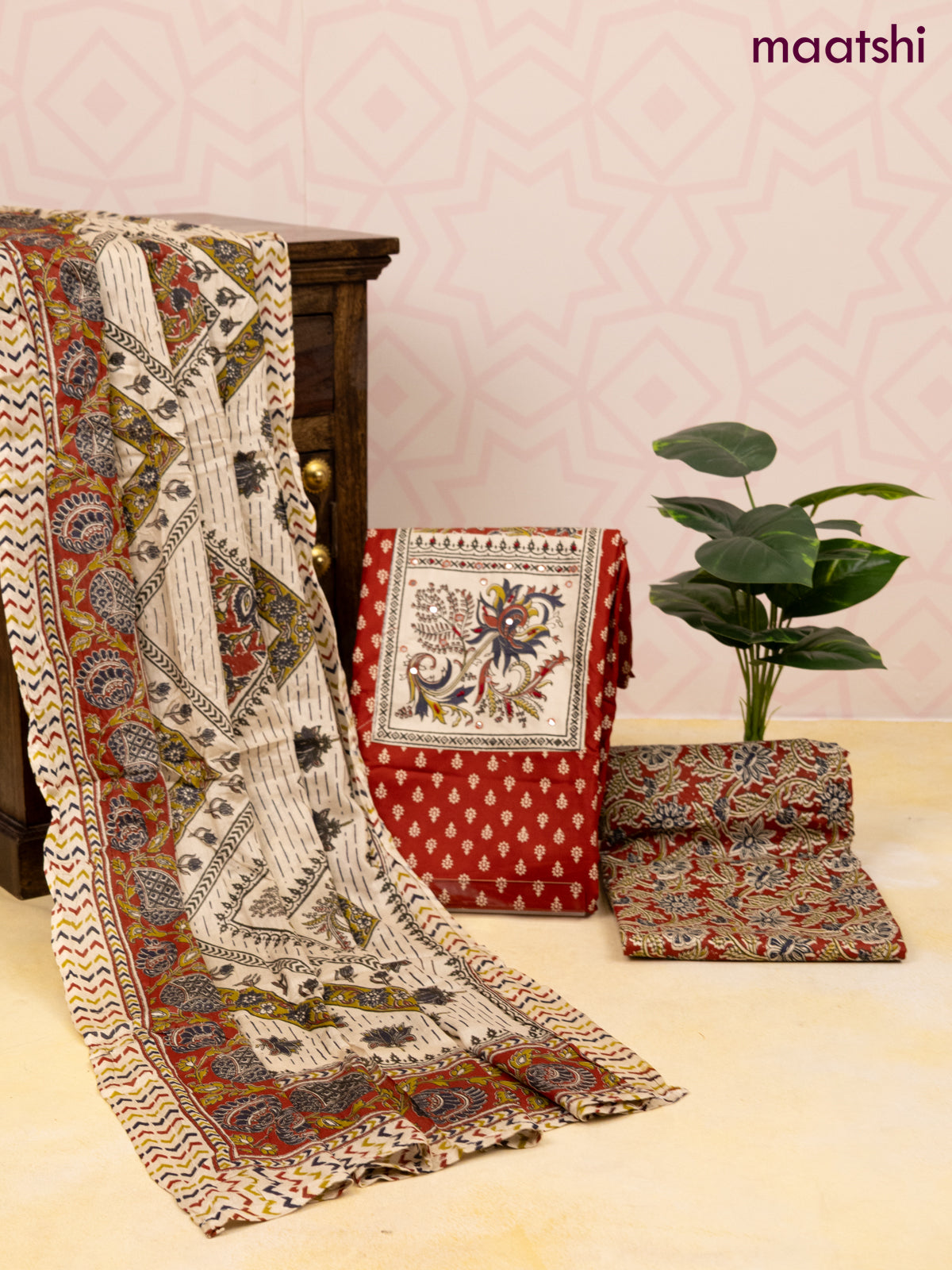 Cotton dress material red and cream with allover butta prints & patch work neck pattern and bottom & dupatta
