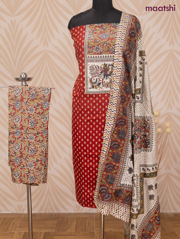 Cotton dress material red and cream with allover butta prints & patch work neck pattern and bottom & dupatta