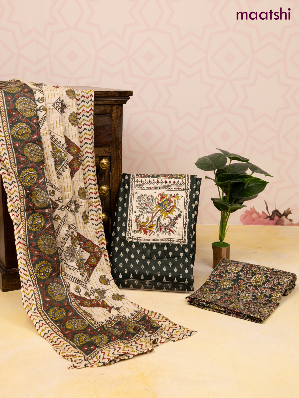 Cotton dress material dark green and cream with allover butta prints & patch work neck pattern and bottom & dupatta