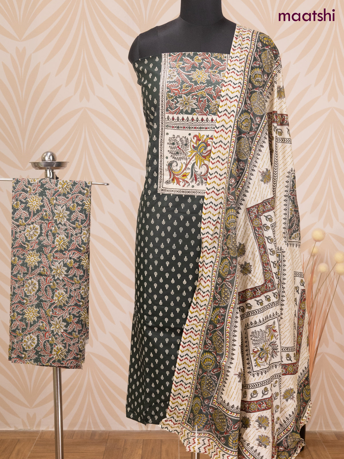Cotton dress material dark green and cream with allover butta prints & patch work neck pattern and bottom & dupatta