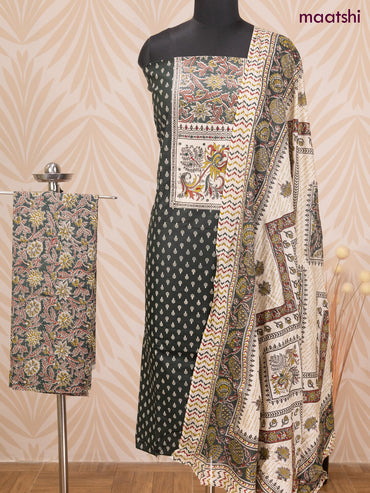 Cotton dress material dark green and cream with allover butta prints & patch work neck pattern and bottom & dupatta
