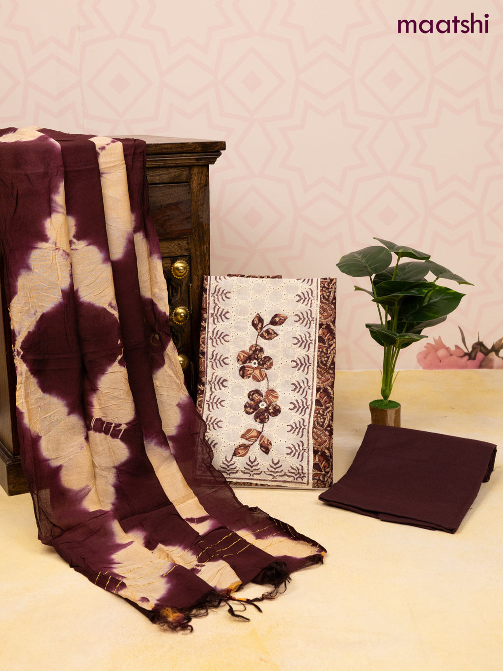 Cotton dress material deep maroon and sandal with allover prints & patch work neck pattern and bottom & dupatta
