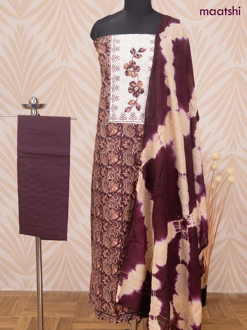 Cotton dress material deep maroon and sandal with allover prints & patch work neck pattern and bottom & dupatta