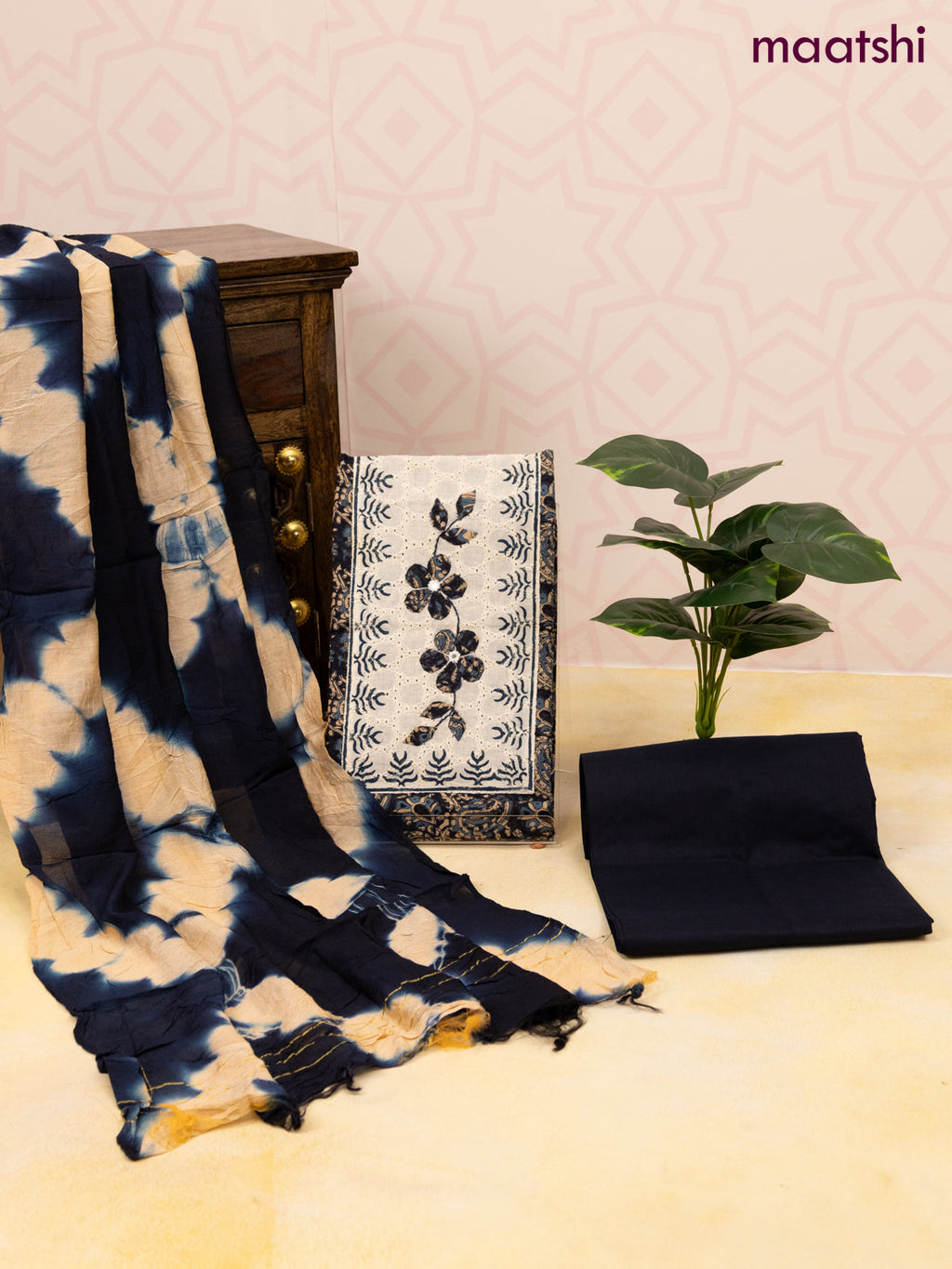 Cotton dress material dark navy blue and sandal with allover prints & patch work neck pattern and bottom & dupatta