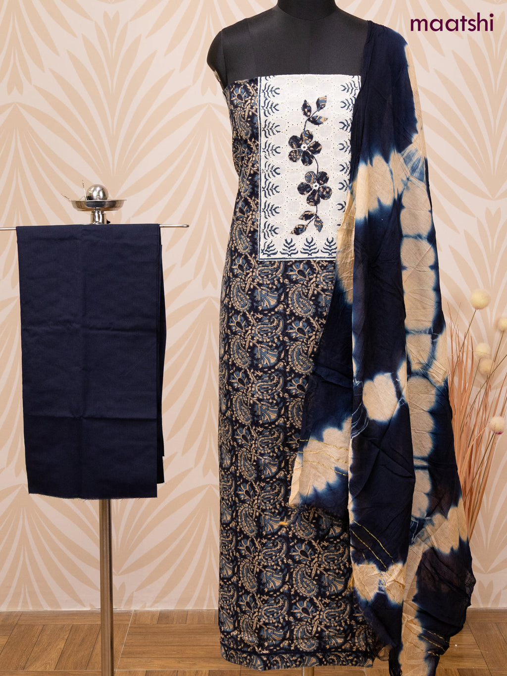 Cotton dress material dark navy blue and sandal with allover prints & patch work neck pattern and bottom & dupatta