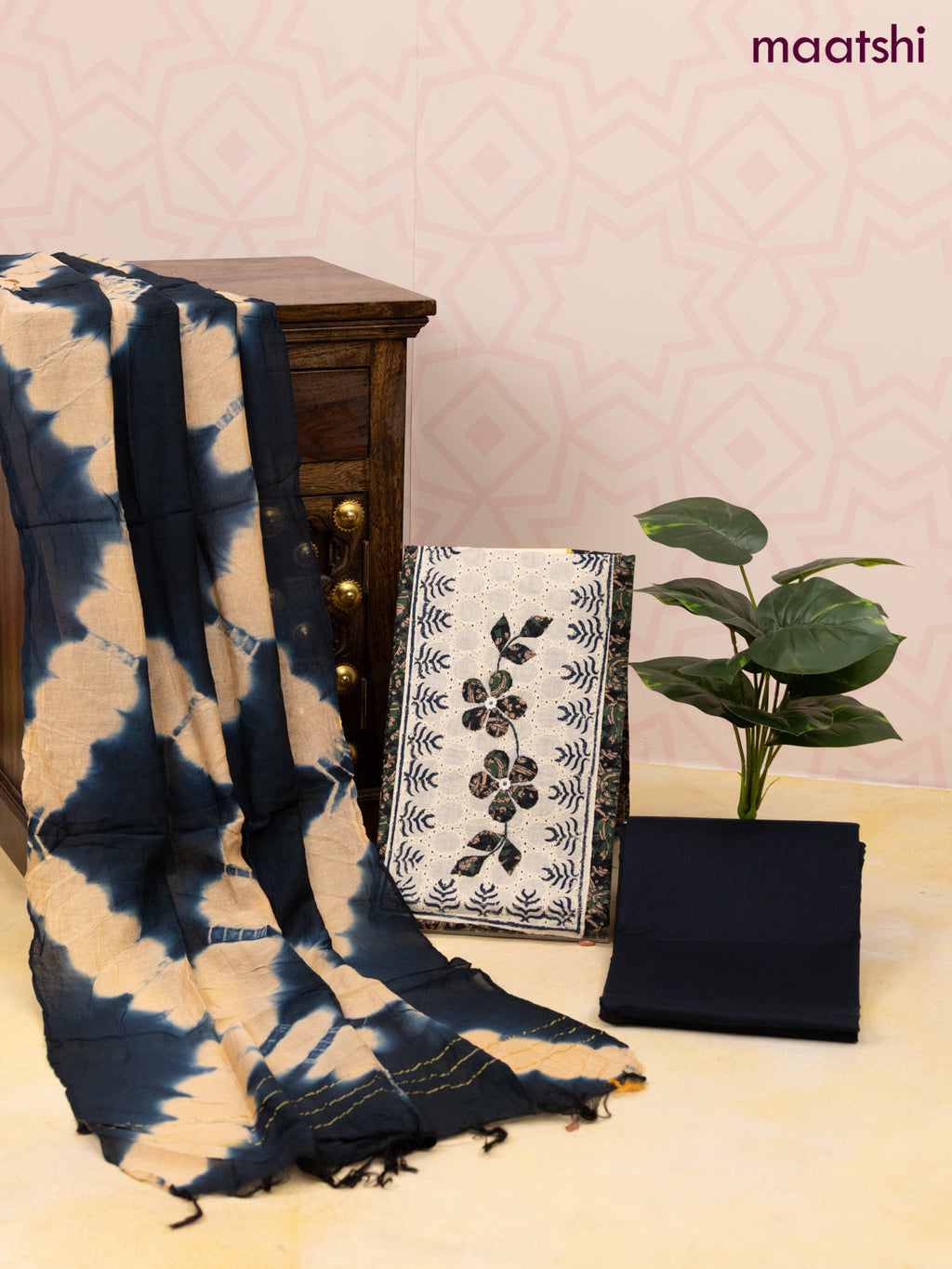 Cotton dress material dark peacock blue and sandal with allover prints & patch work neck pattern and bottom & dupatta