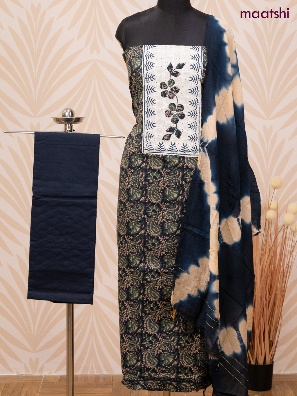 Cotton dress material dark peacock blue and sandal with allover prints & patch work neck pattern and bottom & dupatta